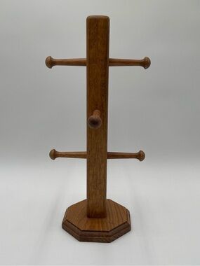 Vintage Wooden Mug Tree Rack 6 Peg Countertop Coffee Cup Holder Rustic Oak Stand